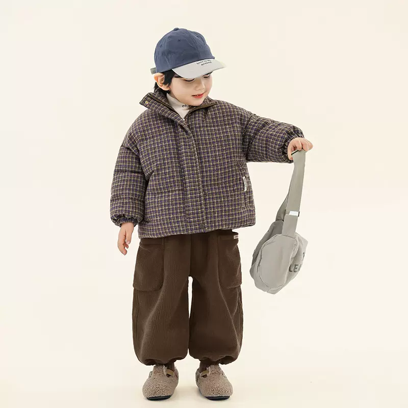 畅果童装男童棉服冬装儿童复古格子棉衣中小童加厚棉袄立领外套
