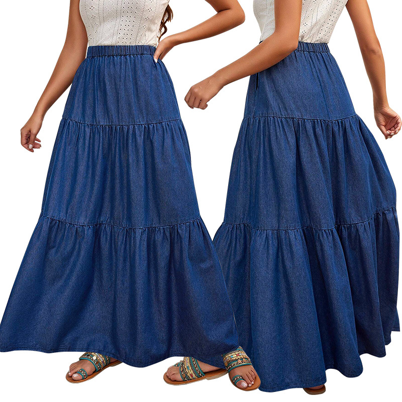 Jupe longue maxi en jean grande taille avec poches, en mélange de coton lavé extensible pour femmes_voghion.com