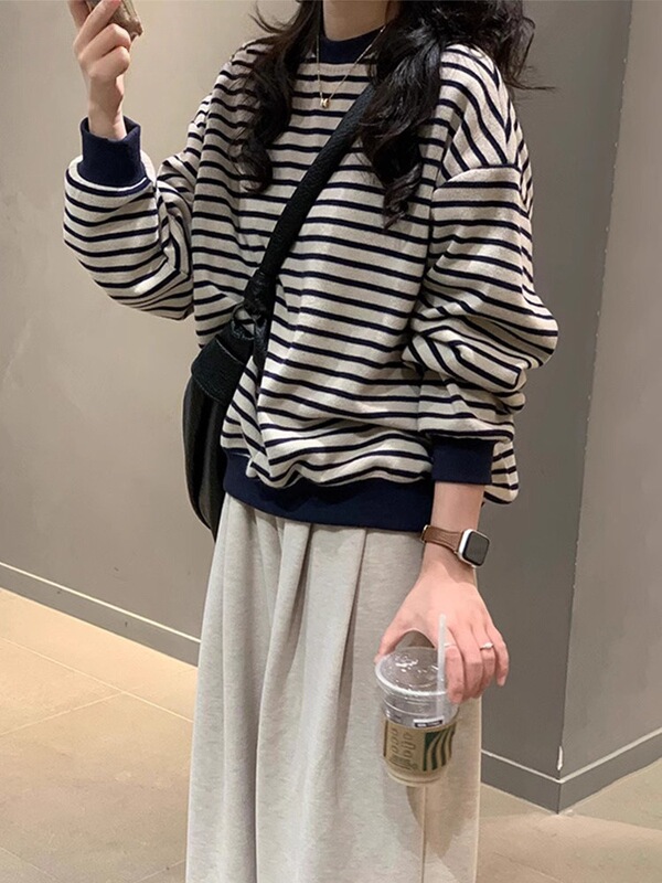 复古港味条纹卫衣女春秋2025新款爆款宽松慵懒风毛衣外套潮A7013|undefined
