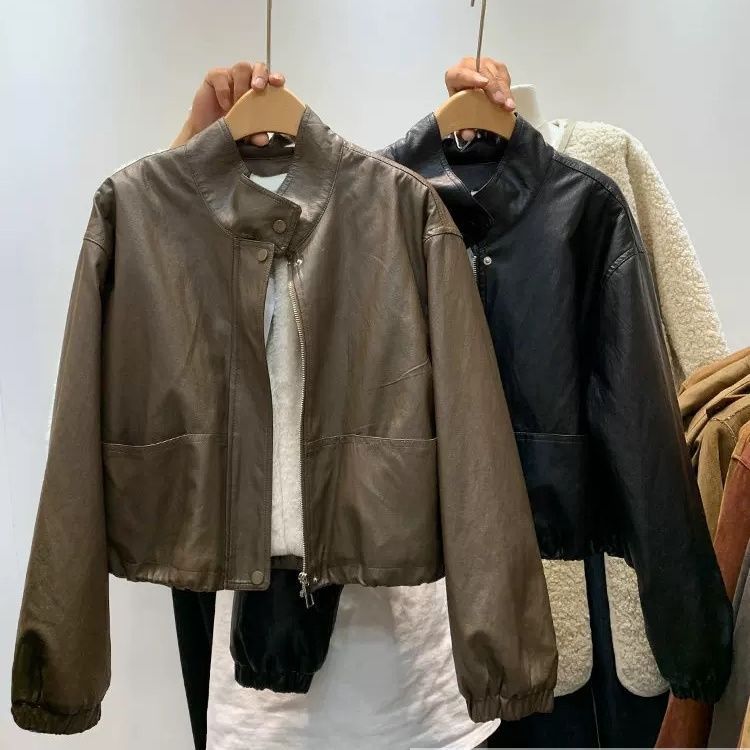 Korean-Style Stand-Up Collar Fleece-Lined Leather Jacket for Women, Winter Stylish Drawstring Waist Biker Jacket, Thickened and Warm