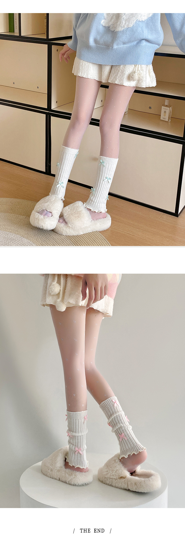 Scaldamuscoli Calzini in cotone per donna Calzini in pile lavorato a maglia Primavera e autunno Leggings bianchi autunnali e invernali con fiocco a tubo medio_voghion.com