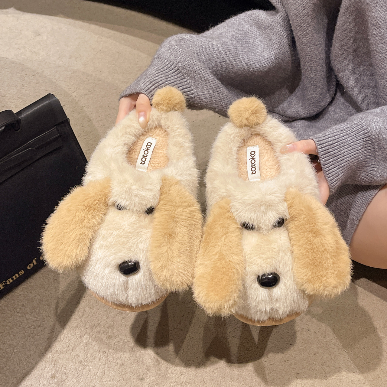 2025 zapatillas de algodón de cachorro de invierno para mujeres cálidas en el hogar interior adorables gruesas exteriores de lana para perros de orejas grandes