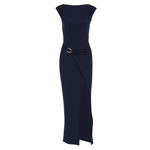 European and American Style Summer New Women's Fashion Charming Solid Color Crew Neck Slimming Sheath Dress with Slits