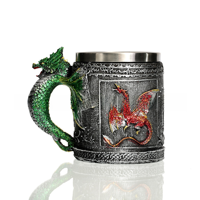 Skull Mug 外贸树脂不锈钢龙头马克杯 3D立体飞龙创意咖啡杯龙纹