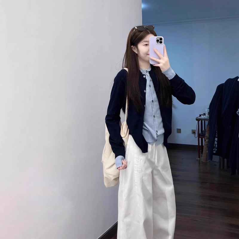 学院小香风撞色针织开衫假两件女2025新款秋冬韩系穿搭高级感毛衣|undefined