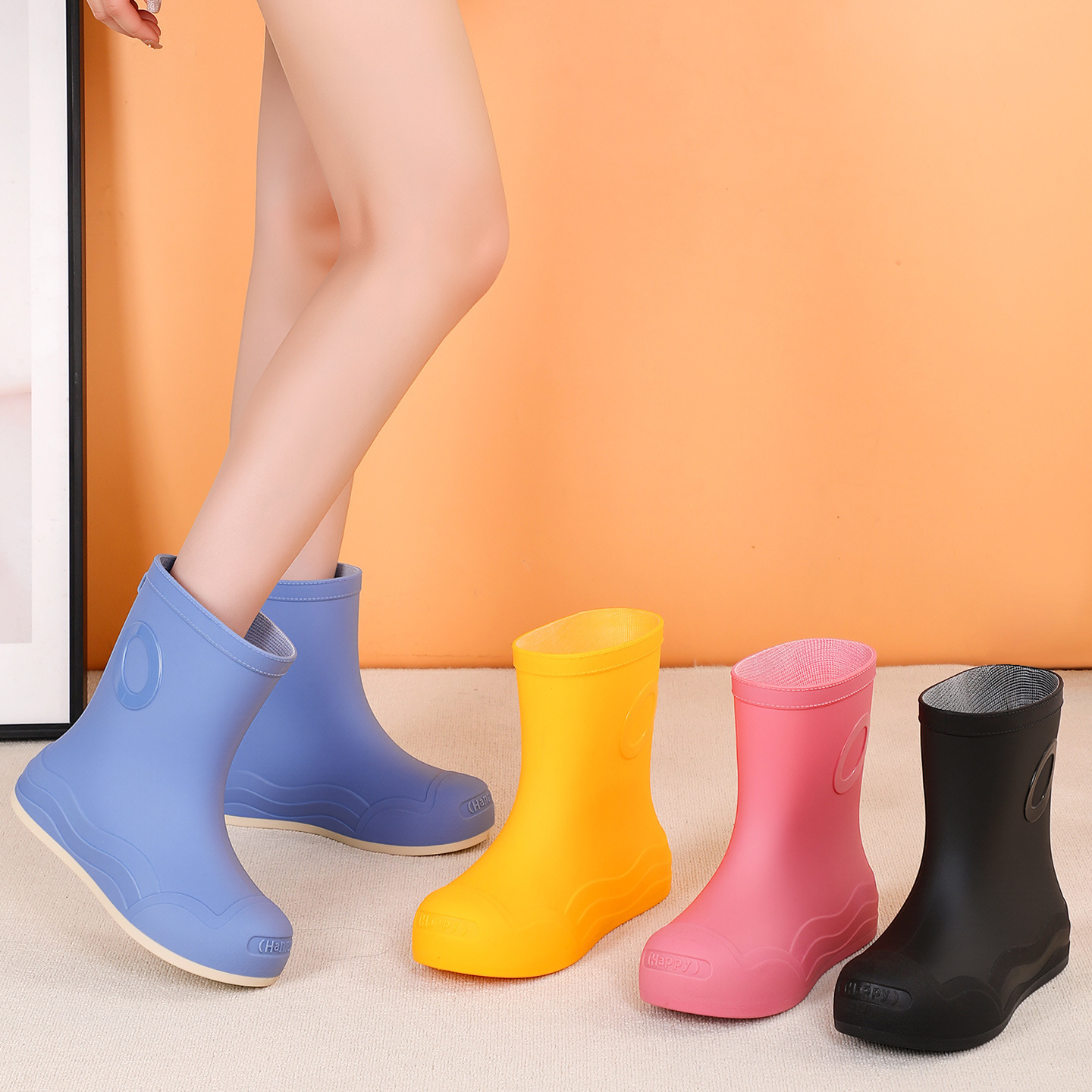 2025 크로스보더 패션 미드 튜브 여성용 장화 미끄럼 방지 장화 방수 신발 방수 고무 신발 캐주얼 다용도 워터 부츠