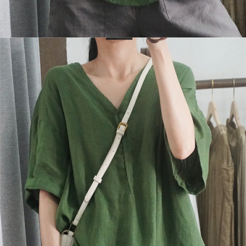 Women's Clothing Summer Style Women's Casual Shirt Short Sleeve Loose Cotton Linen Top Plus Size Pink And Black_ecoleips.com