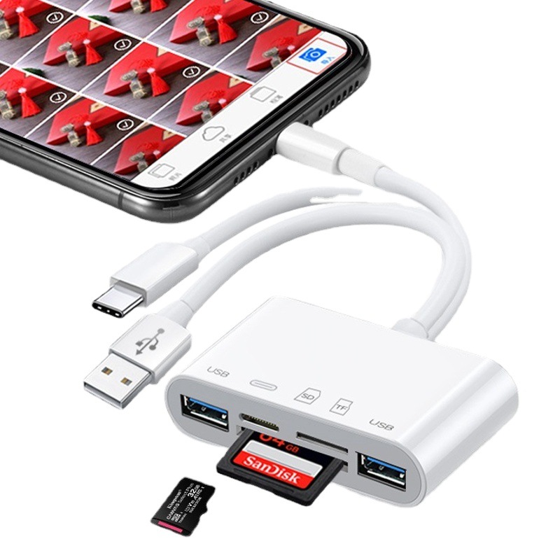 Lector de Tarjetas Compatible con Apple, Android, Huawei, Tarjeta SD, Teléfono Móvil, OTG Todo en Uno, Tarjeta de Memoria Cuatro en Uno TIPO-C USB