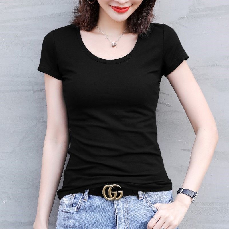 Black Short-Sleeved T-Shirt for Women 2025 New Summer Round Neck Slim Versatile Top Half-Sleeved Trendy T-Shirt Wholesale