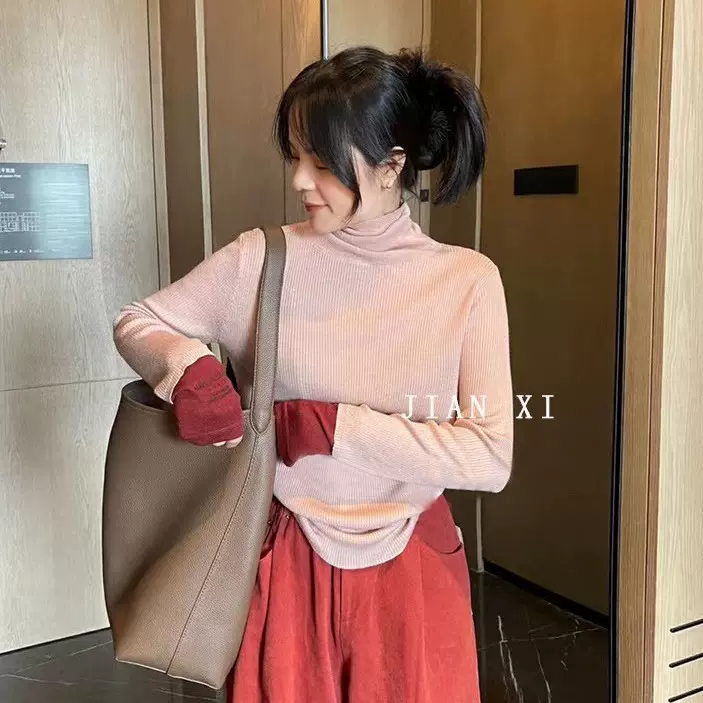 糖果色堆堆领羊毛打底针织衫女 23秋冬气质拼接长袖内搭高领上衣