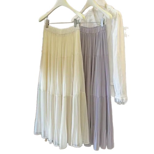Rain and mist wisteria pleated gentle skirt Spring and autumn new loose large skirt A-line long dress all-match skirt for women
