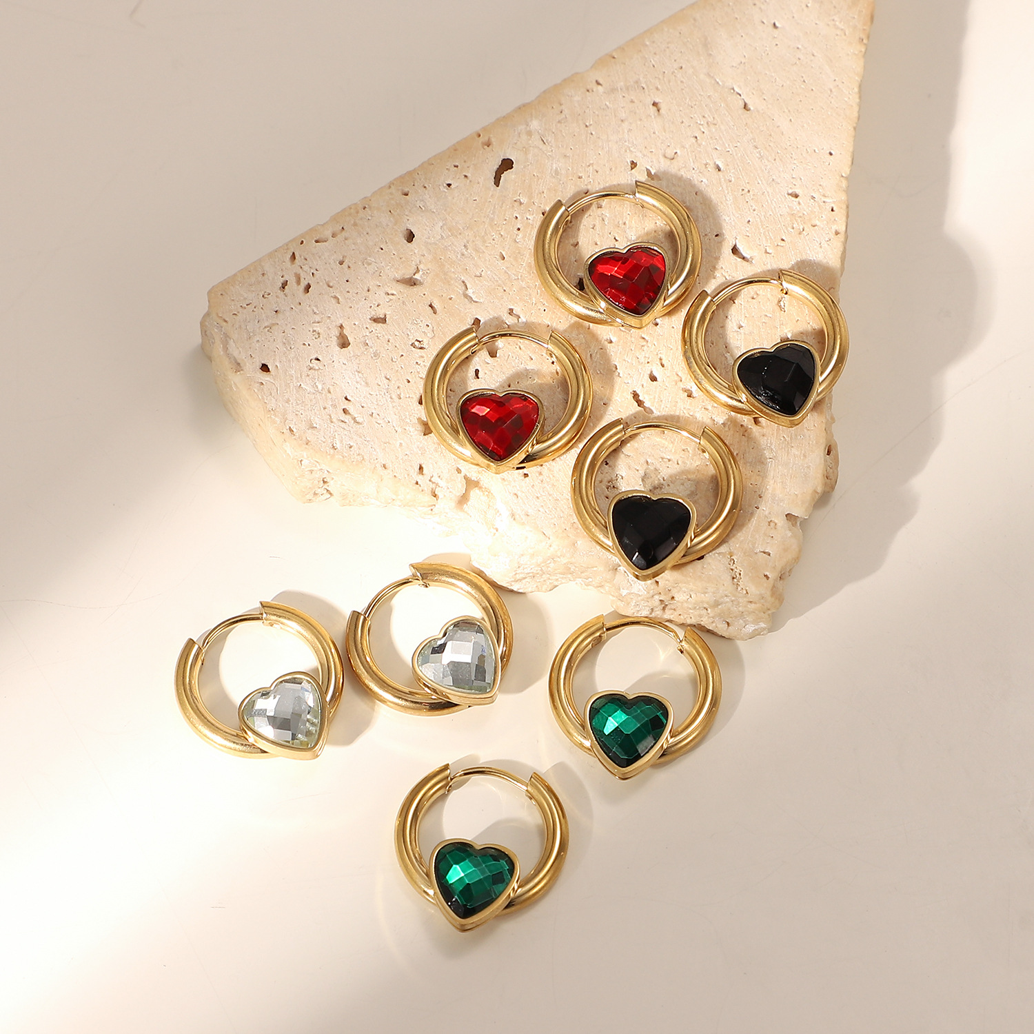 Heart-shaped Zircon Hoop Stainless Steel Green Red Heart-shaped Zircon Earrings display picture 4