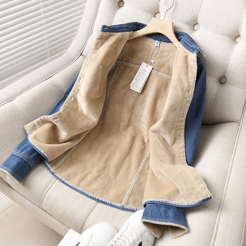 Dameklær mote pluss fløyels varm denimskjorte dame langermet allsidig avslappet tyk skjorte topp trend_voghion.com