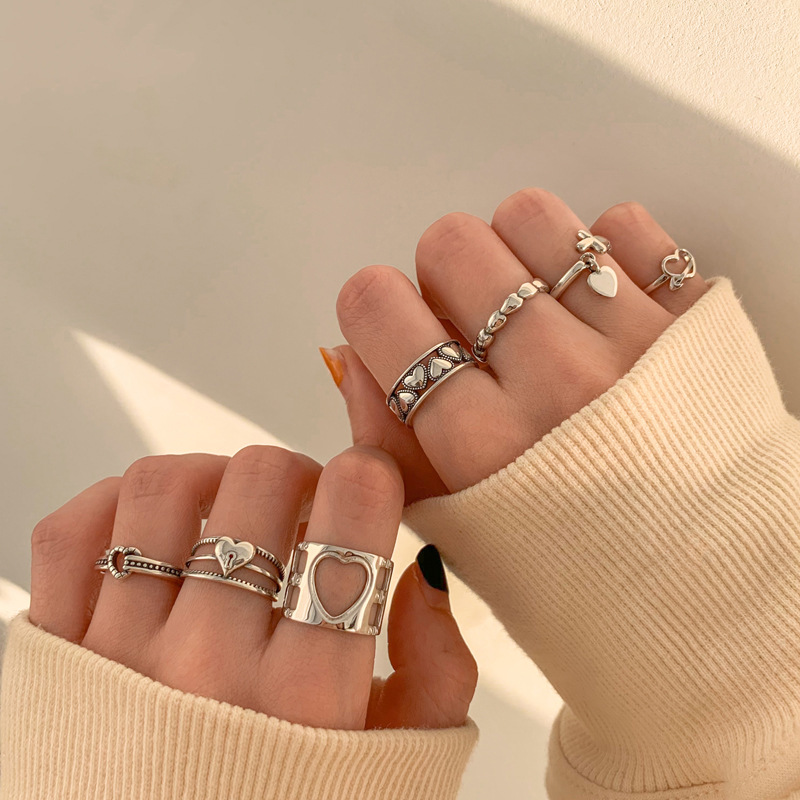 十字心形吊坠开口食指戒韩国韩版时尚组合搭配双层复古爱心戒指女