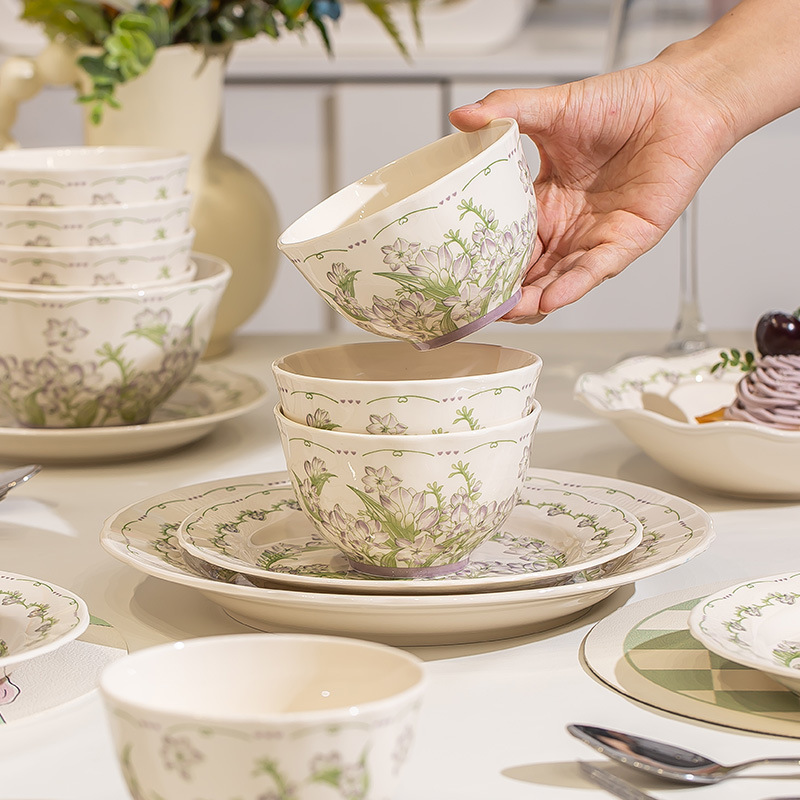 Kangmo Single Dish High-Looking Wedding Pastoral Style Tableware Set Ceramic Bowl and Plate Complete Set Kangmo Single Dish High-Looking Wedding Pastoral Style Tableware Set Ceramic Bowl and Plate Complete Set