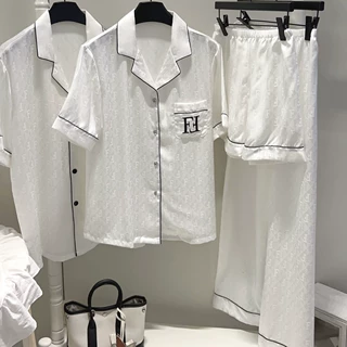 三件套情侣睡衣女士冰丝绸春秋季高级感提花刺绣大牌男家居服套装