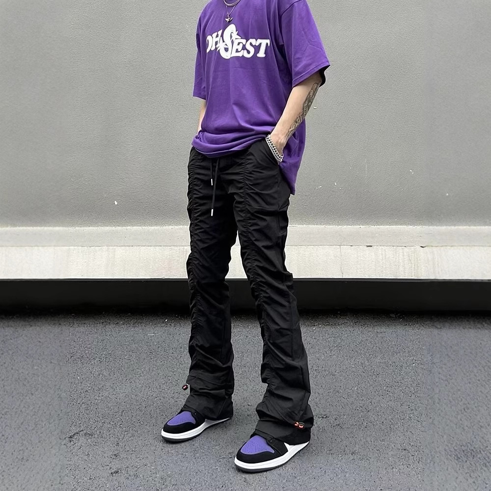 Men's High-Street Vibe Pleated Cargo Pants – Drawstring Waist & Stacked Hem With Slight Flare (S-XXXL, Grey/Black)_voghion.com