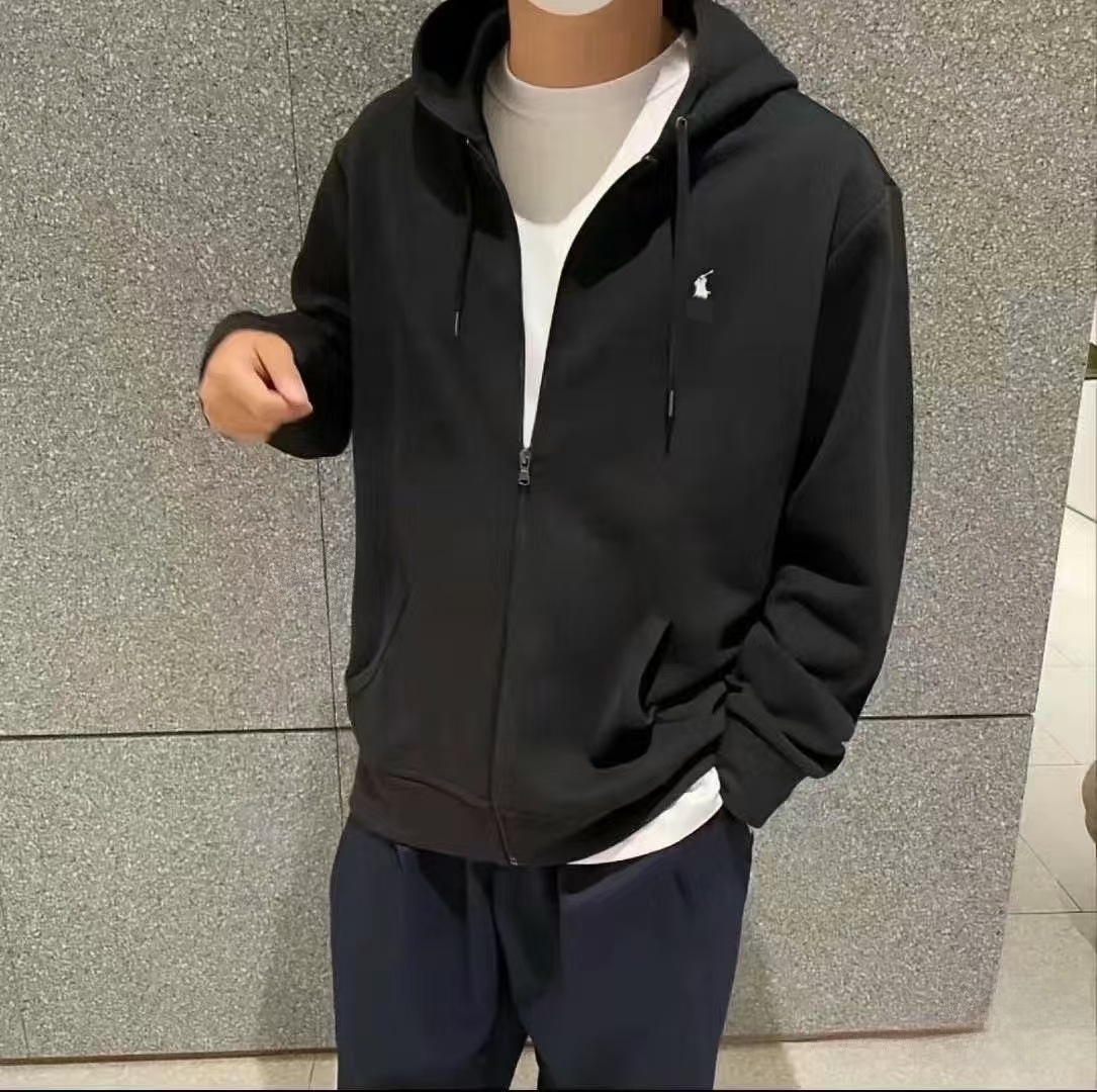 Cross-Border Exclusive Supply of Ralph Lauren Basic Hooded Sweatshirt with Embroidered Pony Logo, Unisex Zip-Up Jacket, Trendy Solid Color