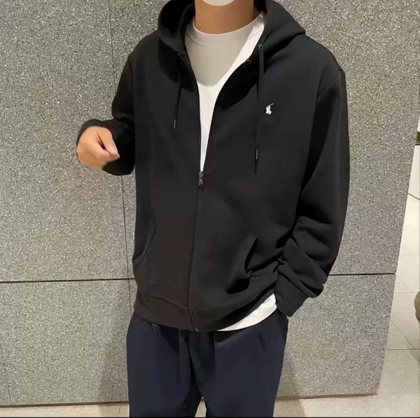 Cross-Border Exclusive Supply of Ralph Lauren Basic Hooded Sweatshirt with Embroidered Pony Logo, Unisex Zip-Up Jacket, Trendy Solid Color
