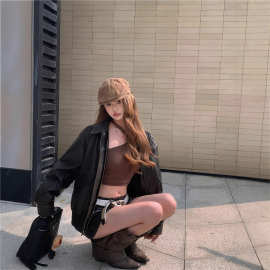 2025街头风时髦潮流高级感翻领PU皮衣外套女美式复古机车服上衣潮