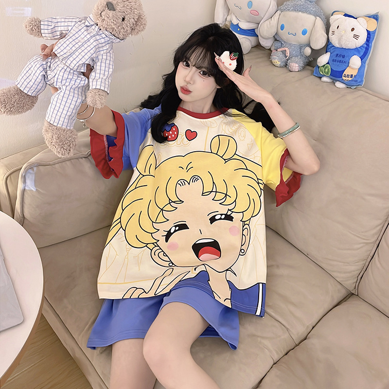 Women's Summer Short-Sleeved Pure Cotton Thin Cartoon Cute Student Plus Size Plus Size Summer Home Wear Set