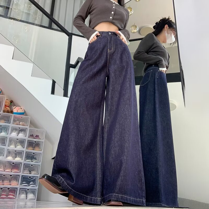 American Retro Blue Straight Loose Jeans for Women, New Spring and Autumn Design, Niche High-Waisted Slimming Wide-Leg Pants