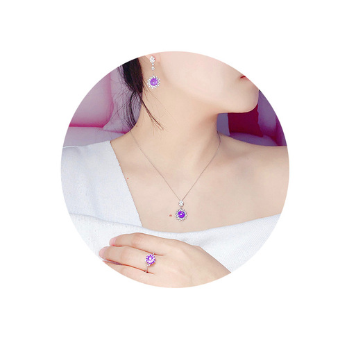Manufacturer wholesale imitation amethyst ring pendant earrings set pt950 firework-plated firework cut amethyst necklace
