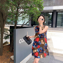 ​​南油原创绝美真丝印花连衣裙​​棕底蓝收腰A版无袖气质款