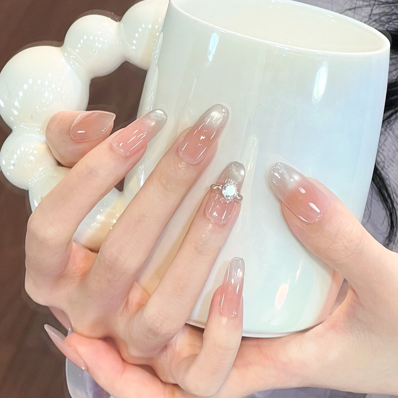 Purely Handmade Wearable Diamond High-End Manicure Nude Cat's Eye Almond Whitening Exquisite Finished Nail Stickers