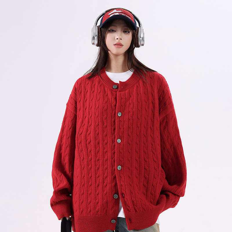本命年红色针织开衫男士宽松日系扭花简约高品质毛衣外套秋季新款，男装针织衫/毛衣，星座614
