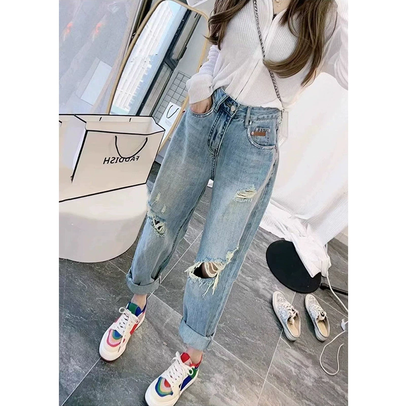 Большой размер дырки прямые джинсы женский 2023 новый весенний и осенний толстый мм свободный с высокой талией тонкий папа брюки халан