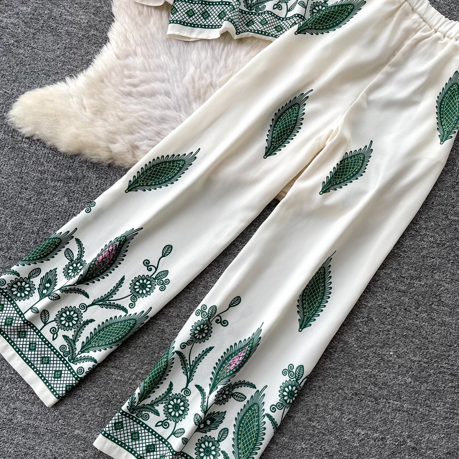 Retro Print Two Piece Set For Women Polo Collar Long Sleeve Shirt And Wide Leg Pants Elegant Commuter Suit_ecoleips.com