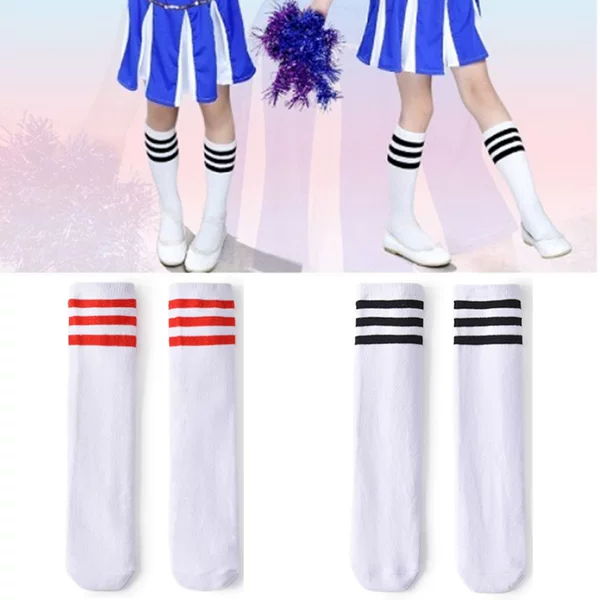Student Dance Performance Socks, Children's Mid-Length Socks with Three Stripes, Boys' and Girls' Calf Socks, White Over-The-Knee Cheerleading Socks