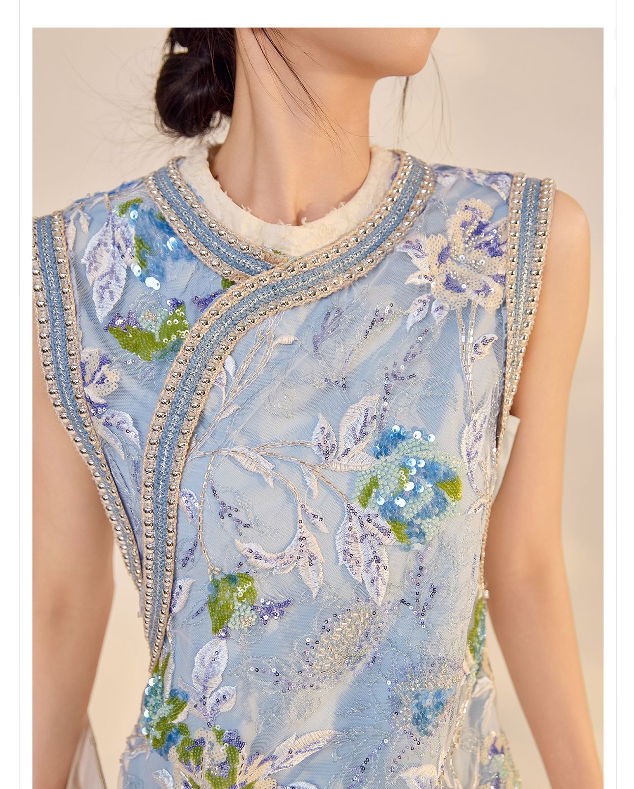 Váy sườn xám maxi thêu sequin phong cách Trung Quốc mới mùa hè N5042 — hồng, Xanh lam sông băng chi tiết 9