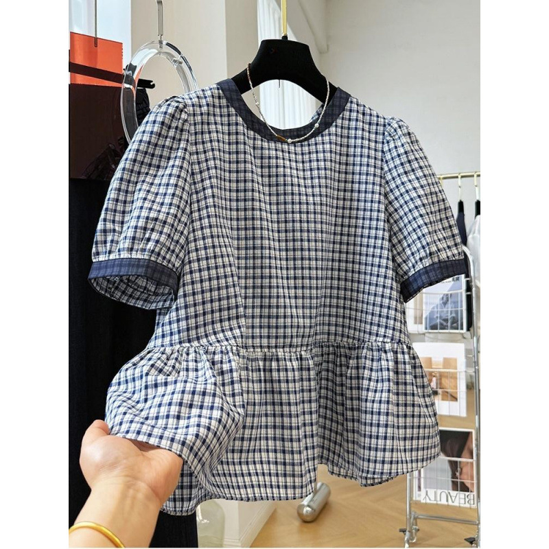 韓国の軽い高級感と年齢を軽減する女性用ラウンドネック半袖ベビードールシャツ、夏のレトロなチェック柄シャツ、超美しいスカートトップ|undefined
