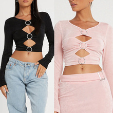 长袖圆领T恤 春夏女装纯色时尚拼接性感仿钻圆环镂空露脐女上衣
