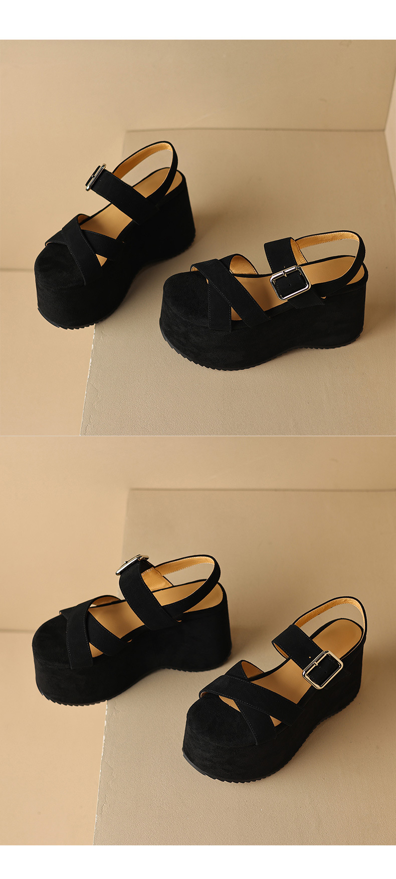 Sandal cao gót nữ hở mũi dây chéo da thật gót 10 cm phong cách La Mã — màu đen, màu mơ chi tiết 13