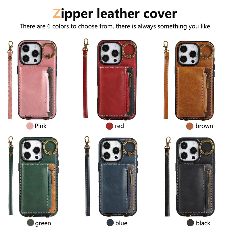 Cross-Border High-End Calf Pattern Zipper Card Holder Mobile Phone Anti-Fall Protective Cover Suitable for Iphone17Promax