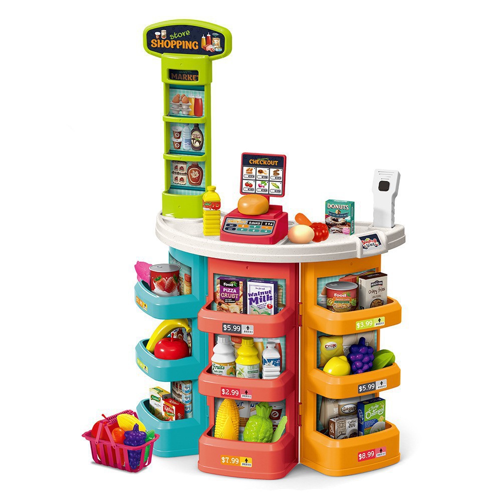 Transfronterizos niños simulación supermercado mesa de compras escanear caja registradora supermercado carro de compras mesa de venta juguetes de supermercado