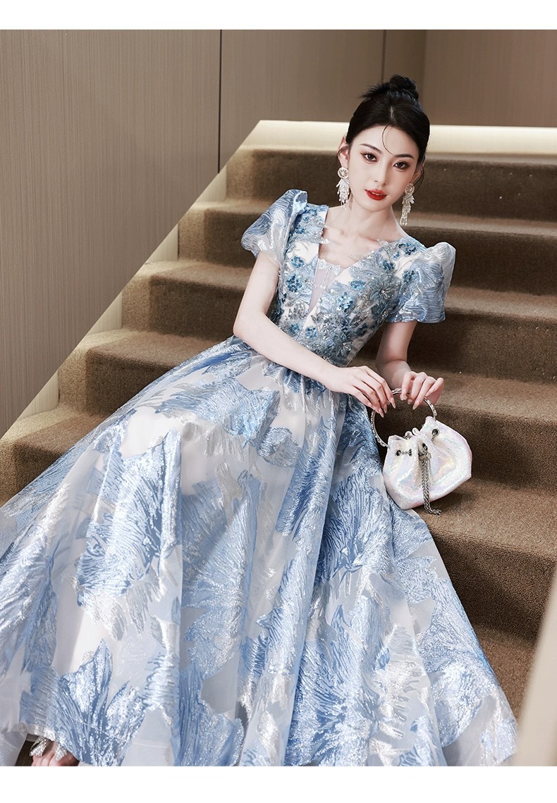 Đầm dạ hội ôm body màu xanh cao cấp, tay dài, phong cách thanh lịch — Màu xanh lam tiên khí chi tiết 17