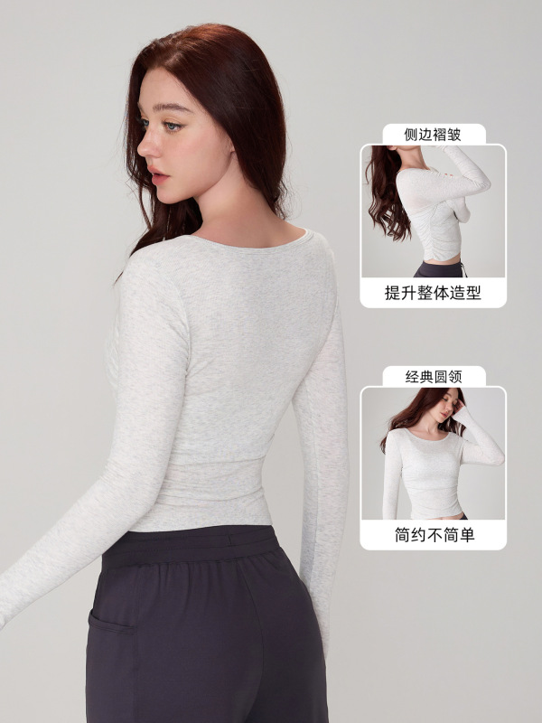 同吉瑜伽服女修身显瘦普拉提健身衣圆领螺纹跑步运动长袖瑜伽上衣|undefined