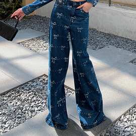 新款女装蝴蝶结装饰印花长袖圆领外套阔腿裤时尚牛仔套装 仅长裤