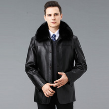 品牌冬保暖厚皮衣外套男式真毛领可脱卸羽绒服内胆中老年扣子上衣