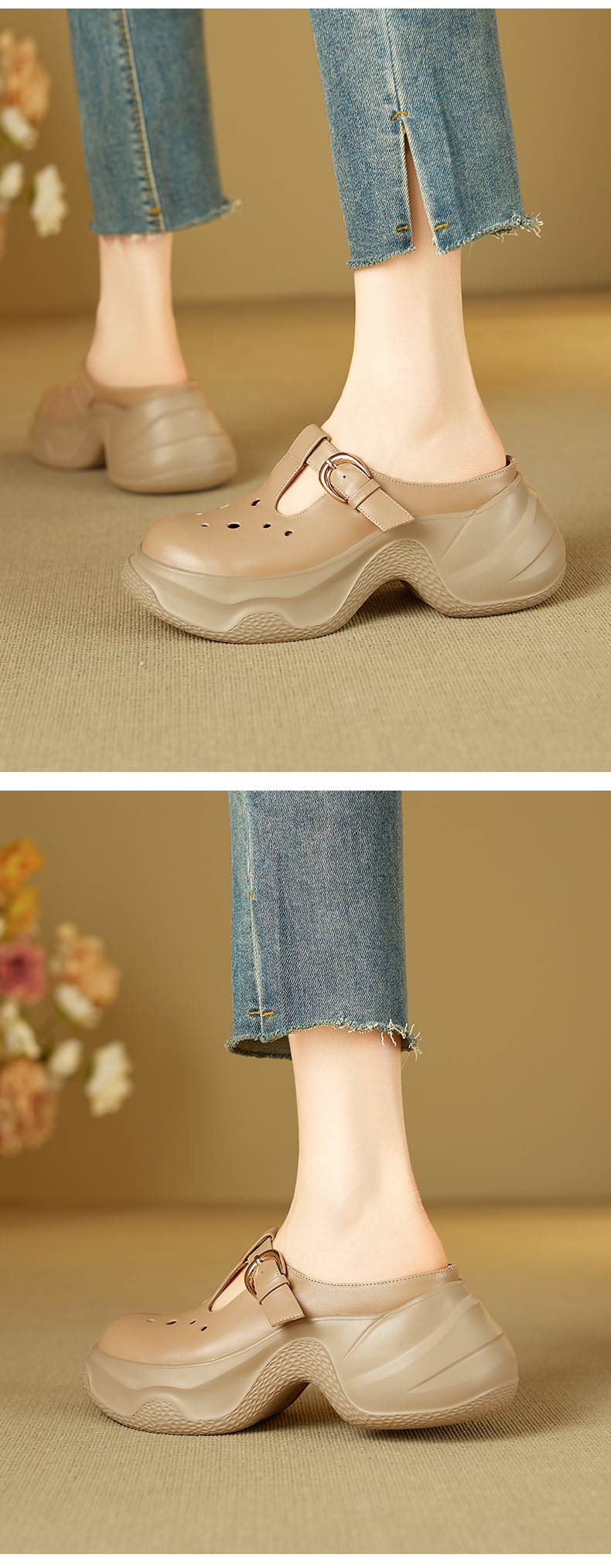 Dép sandal nữ đế bánh mì da bò mũi trùm quai chữ V — đen chi tiết 4