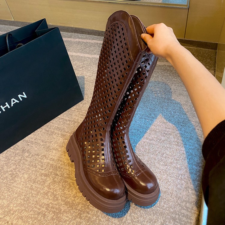 Boot nữ da bò đế dày cổ cao ống lưới — Màu nâu ống lớn, Màu đen cổ ống lớn, Ống nhỏ màu đen, Chu vi ống lớn màu trắng Be chi tiết 17