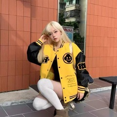 美式hiphop高街棒球服男女同款潮牌复古宽松休闲拼接皮袖夹克外套
