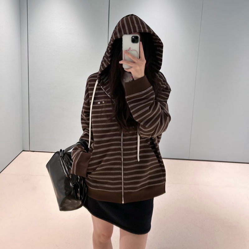2025 Autumn and Winter New College Style Stripesd Zipper Hooded Long-Sleeved Knitted Sweatshirt Jacket Women's Loose Versatile Top 2025 Autumn and Winter New College Style Stripesd Zipper Hooded Long-Sleeved Knitted Sweatshirt Jacket Women's Loose Versatile Top
