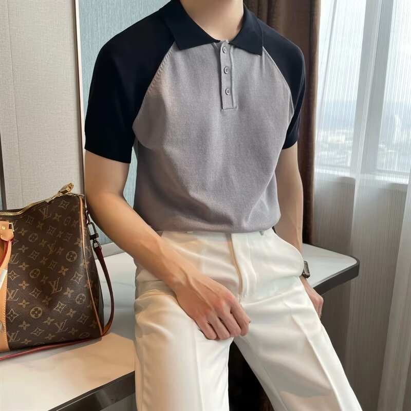 Summer lapel fashion trend non-ironing high quality color matching casual short sleeve breathable high-grade polo shirt men's short sleeve