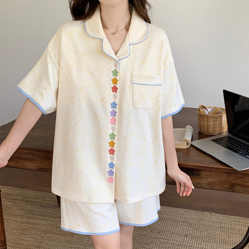 胸パッド付き女性用夏用パジャマ 2025 新しい半袖スイートスターカーディガン夏薄いホームウェアセット|undefined