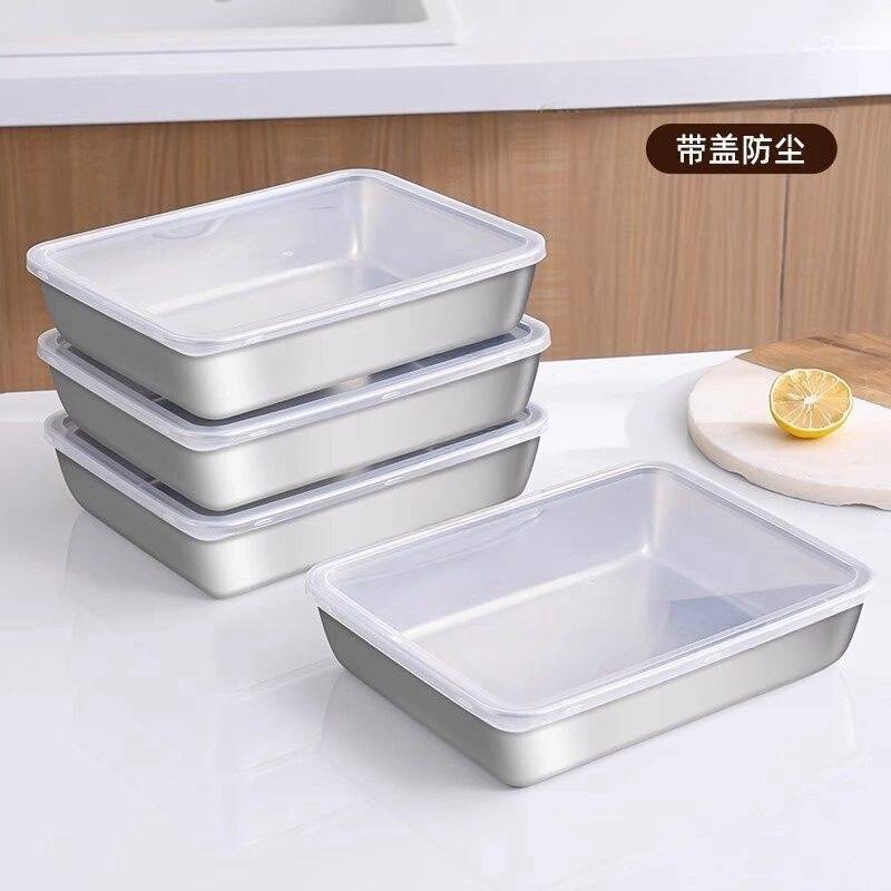 蓋付き食品グレードのステンレス鋼の長方形プレート、食品保存箱、食事トレイ、ソーセージスプリンクラートレイ、冷蔵庫収納ボックス|undefined